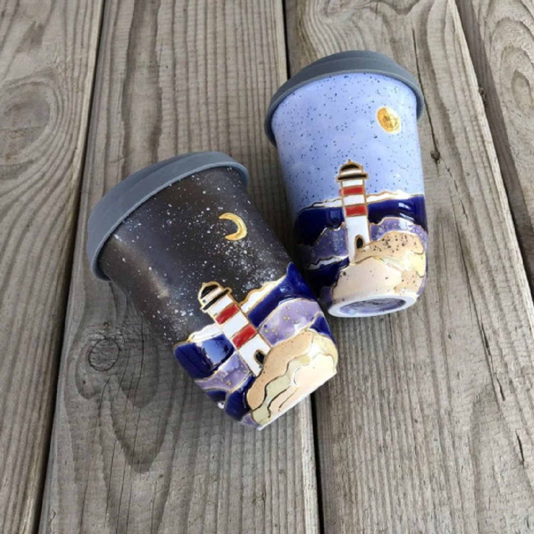 Double wall coffe cup, Double Layer mug, Mug with lid ceramic, travel coffee cup - 咖啡杯/马克杯 - 陶 