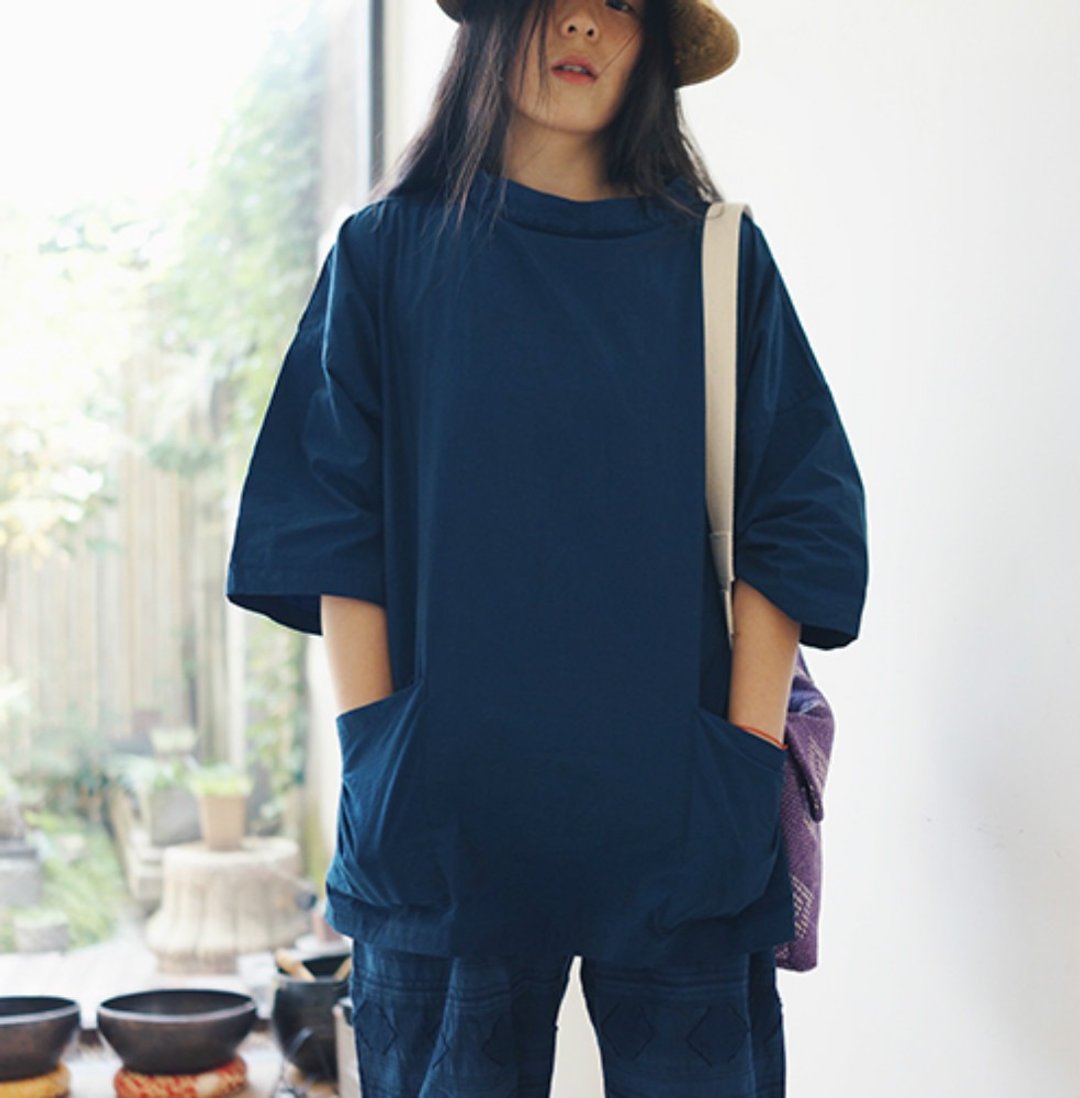 深谷藍色 Fisherman Smock 漁夫罩衣 七分袖夏日挺括 短袖寬鬆T恤 - 女装上衣 - 棉 蓝色