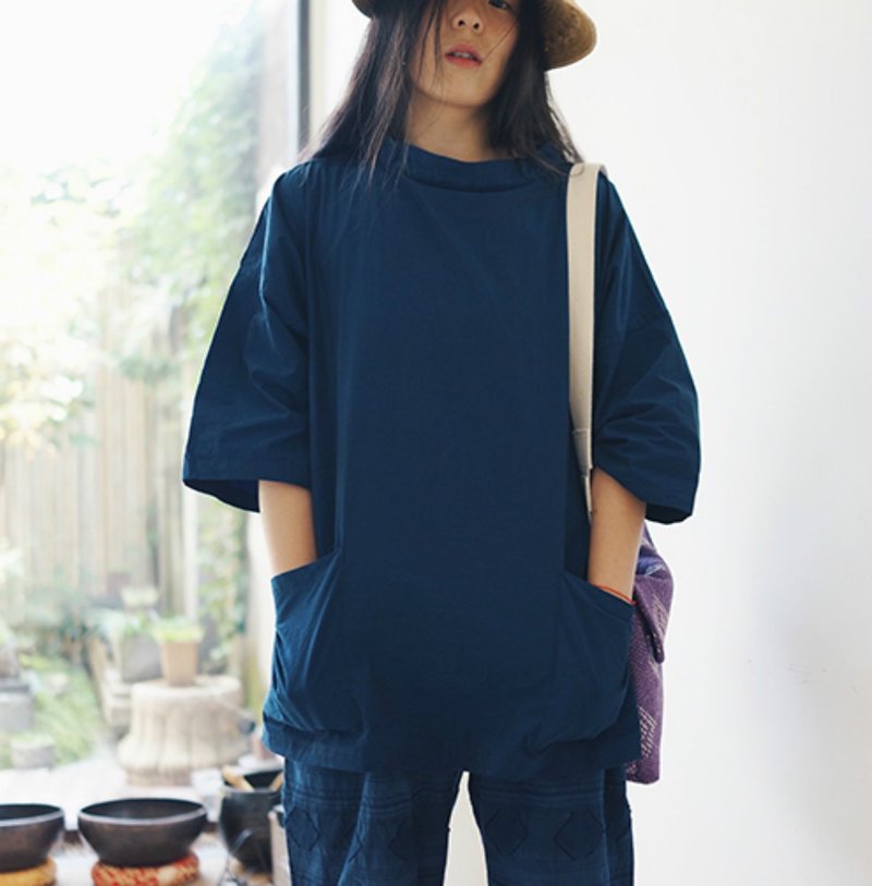 深谷藍色 Fisherman Smock 漁夫罩衣 七分袖夏日挺括 短袖寬鬆T恤 - 女装上衣 - 棉 蓝色