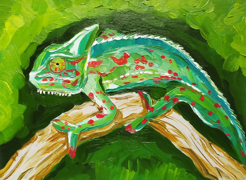 变色龙油画动物厚涂原画爬行动物艺术的肖像 - 墙贴/壁贴 - 其他材质 绿色