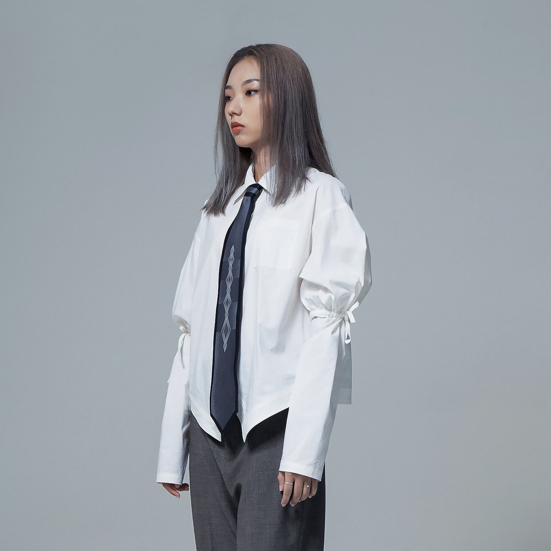 抽绳泡泡袖衬衫 - 女装衬衫 - 棉 白色