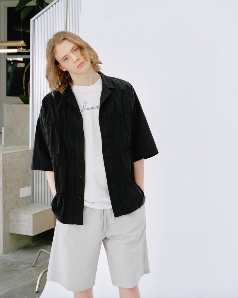 日系极简 褶皱古巴领短袖衬衫 - 男装衬衫 - 其他材质 黑色