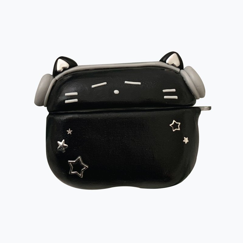 戴耳机的黑猫 韩国手工 AirPods 保护壳 - 耳机收纳 - 粘土 黑色