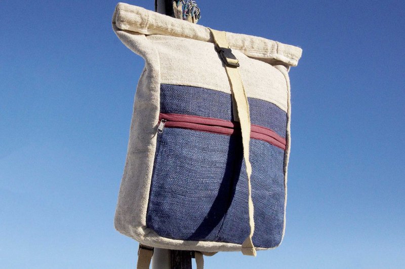 情人节礼物 生日礼物 母亲节礼物 限量手工自然染棉麻后背包 / 肩背包 / 民族登山包 / 旅行后背包 / 电脑包 /手工包- 植物染蓝色天空卷盖后背包(大)  - 后背包/双肩包 - 棉．麻 蓝色