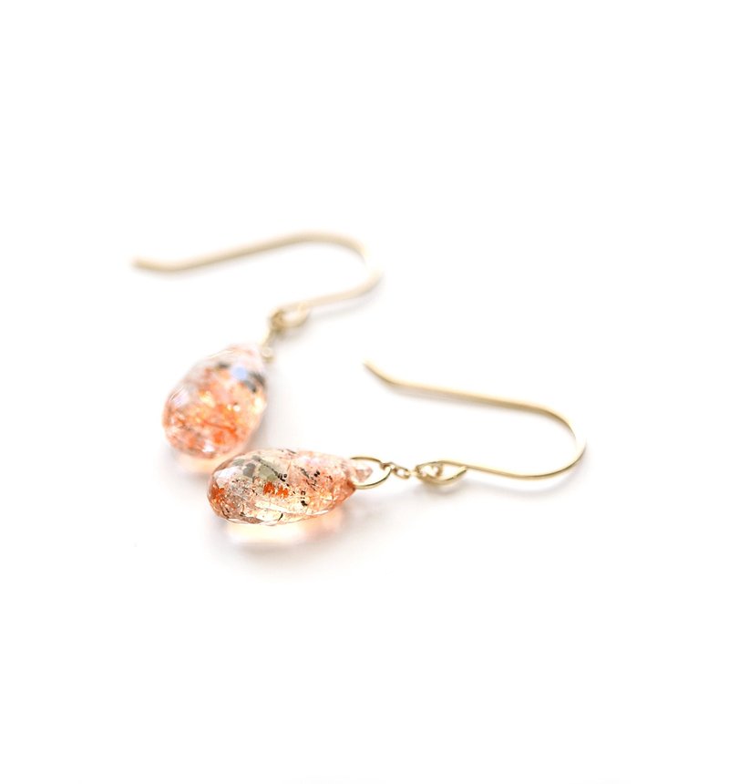 K10 Single Sunstone K10 Hook Earrings (Flat Drop) ~ESPOIR~ - 耳环/耳夹 - 宝石 橘色