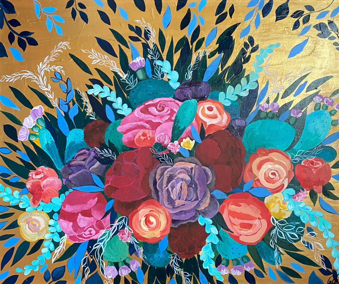 仙人掌和玫瑰 抽象花朵 帆布上的原创丙烯画 墙壁装饰理念 - 墙贴/壁贴 - 其他材质 金色
