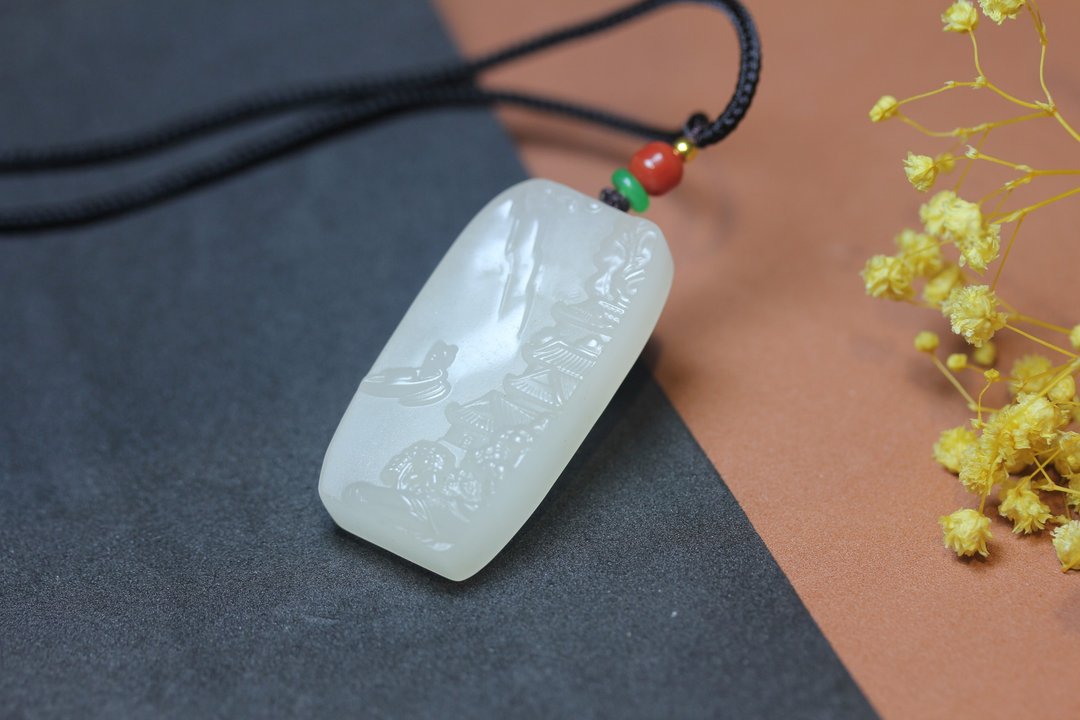 天然金丝玉山水吊牌 高山流水 小径人家 繁华过后向往的生活 项链 - 项链 - 玉石 白色