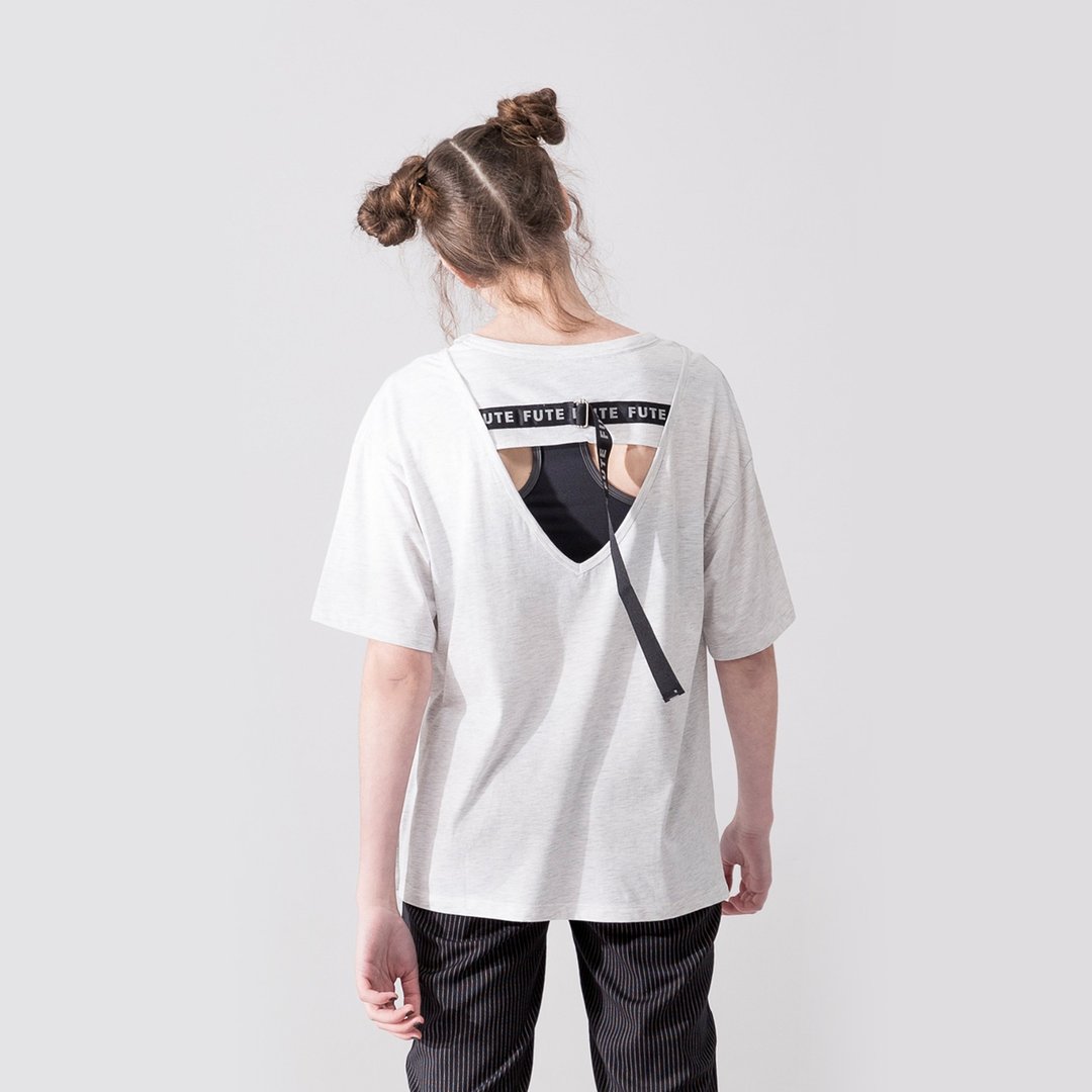 女款 背后缕空圆领t-shirt / 麻灰白 - 女装上衣 - 棉 白色