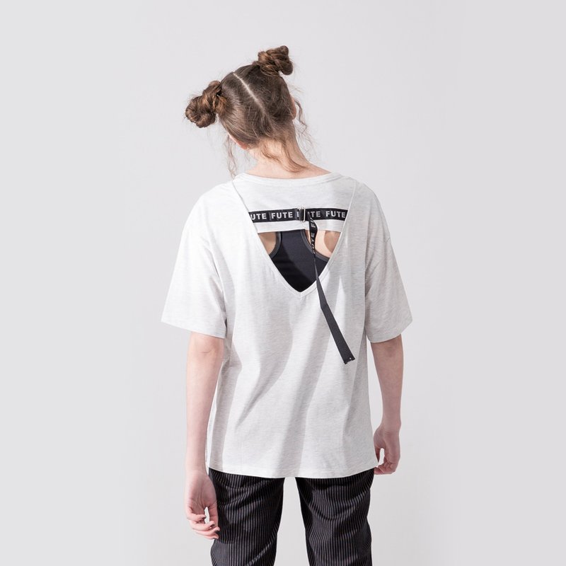 女款 背后缕空圆领t-shirt / 麻灰白 - 女装上衣 - 棉．麻 白色
