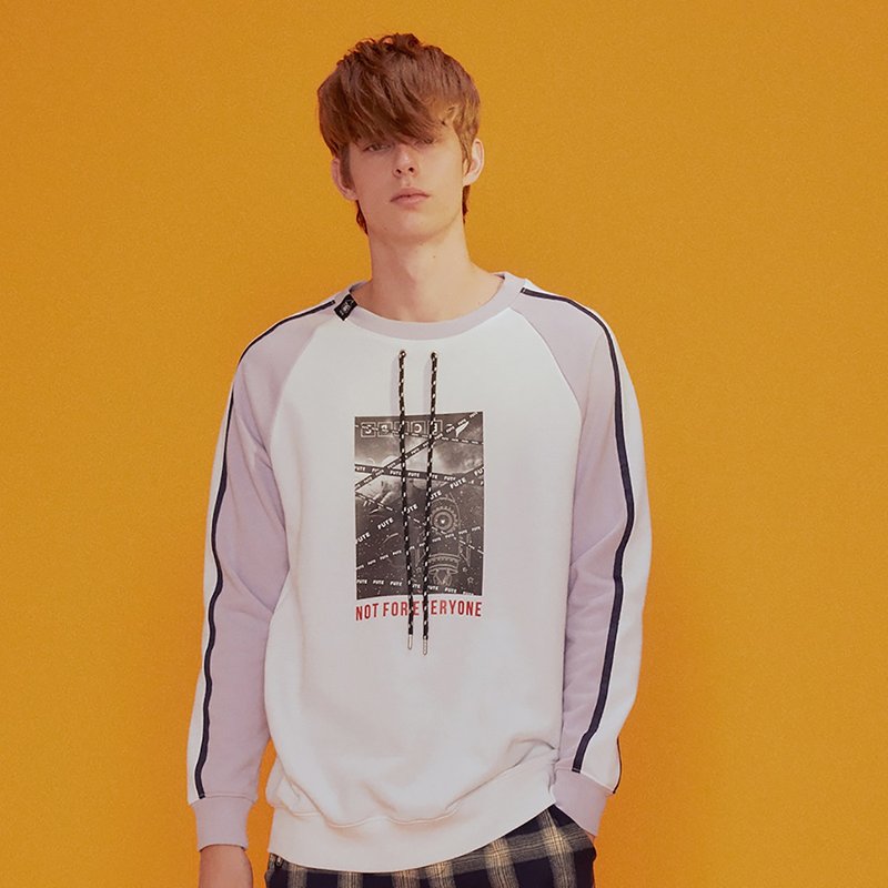 【Off-season sale】中性款 袖拼接圆领T运动衫 / - 中性连帽卫衣/T 恤 - 棉．麻 白色