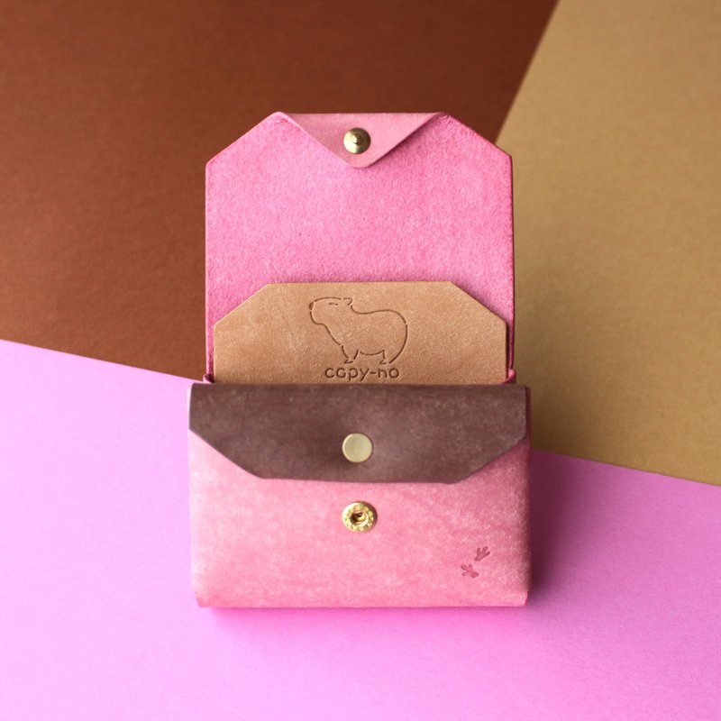 水豚设计真皮短钱包 牛皮钱包 手工制作 - 皮夹/钱包 - 真皮 粉红色