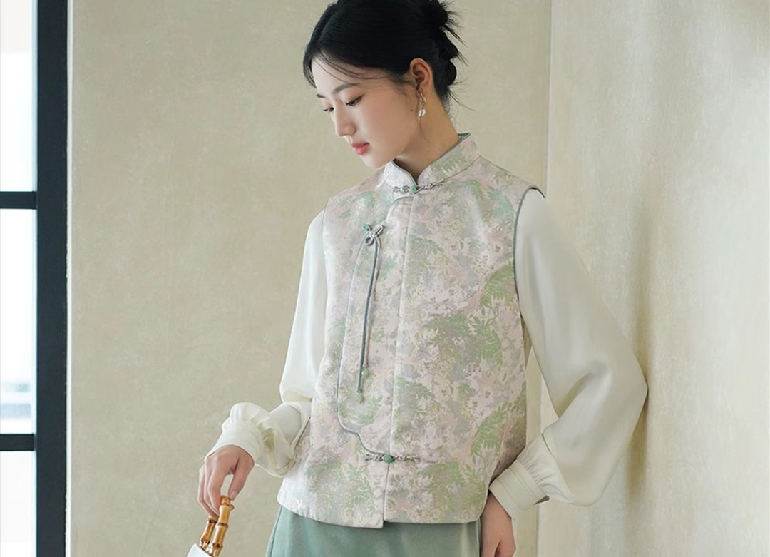 繁枝锦 新中式中国风 唐装叠穿盘扣 背心/半裙 - 女装背心 - 其他材质 绿色