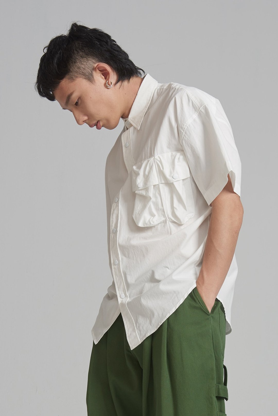 双口袋设计短袖衬衫 #9243 - 男装衬衫 - 其他材质 卡其色