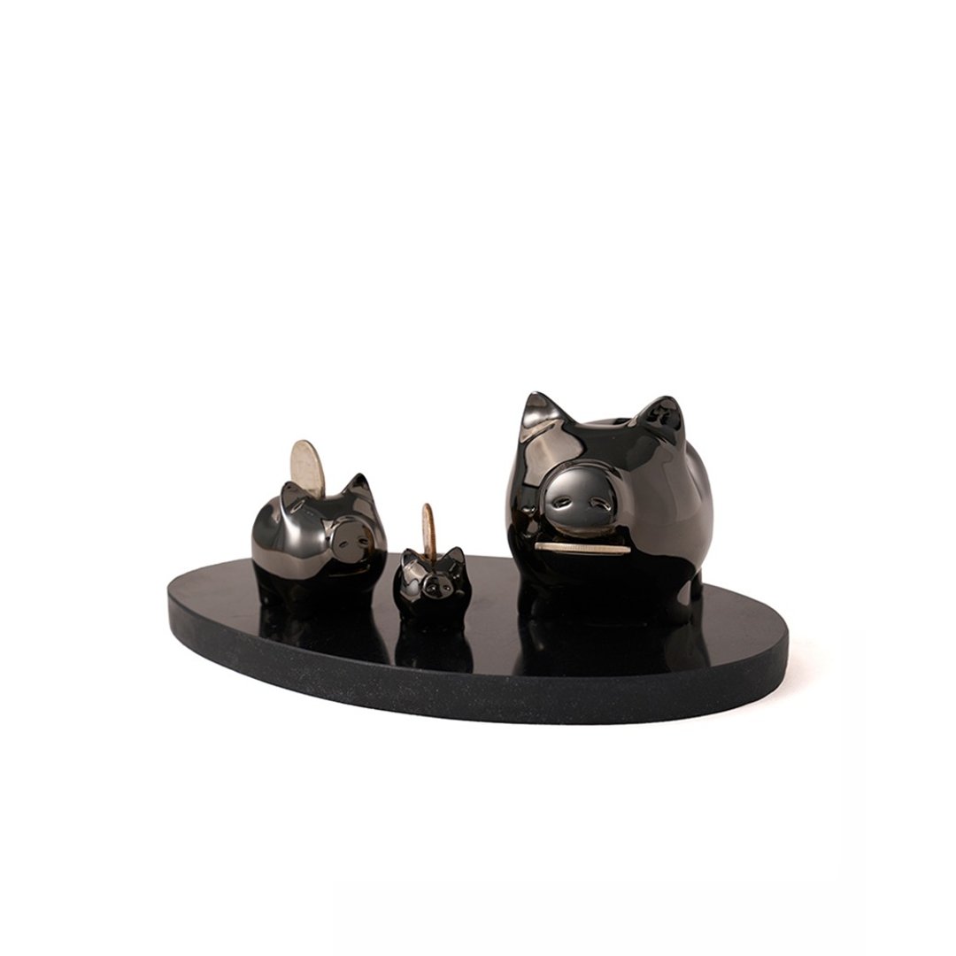 GOLDENPIG | 招财金猪 大猪小猪落御盘 亮镍黑 - 摆饰 - 贵金属 黑色