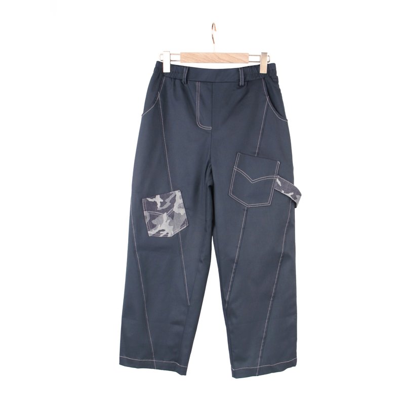 深蓝牛仔迷彩 - 车线侧条裤 #A2065 - 女装长裤 - 棉．麻 蓝色