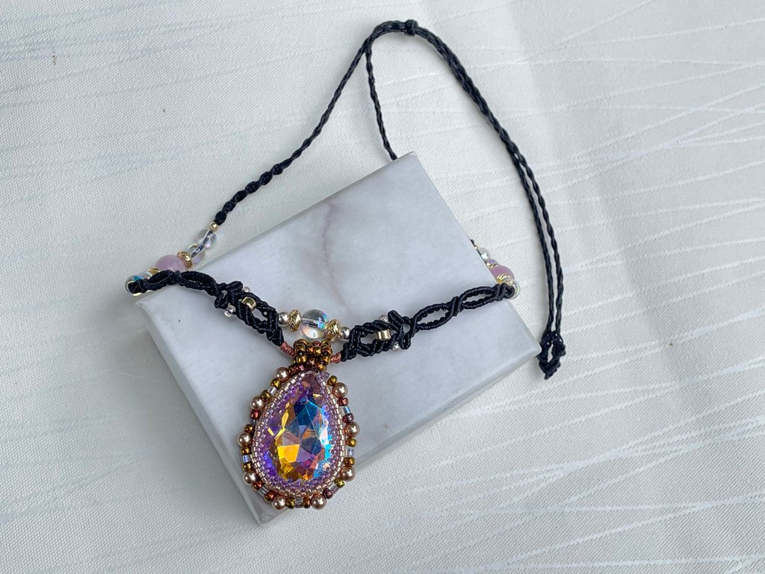 #220650 Macrame Swarovski 串珠 编织 颈链 - 项链 - 半宝石 黑色