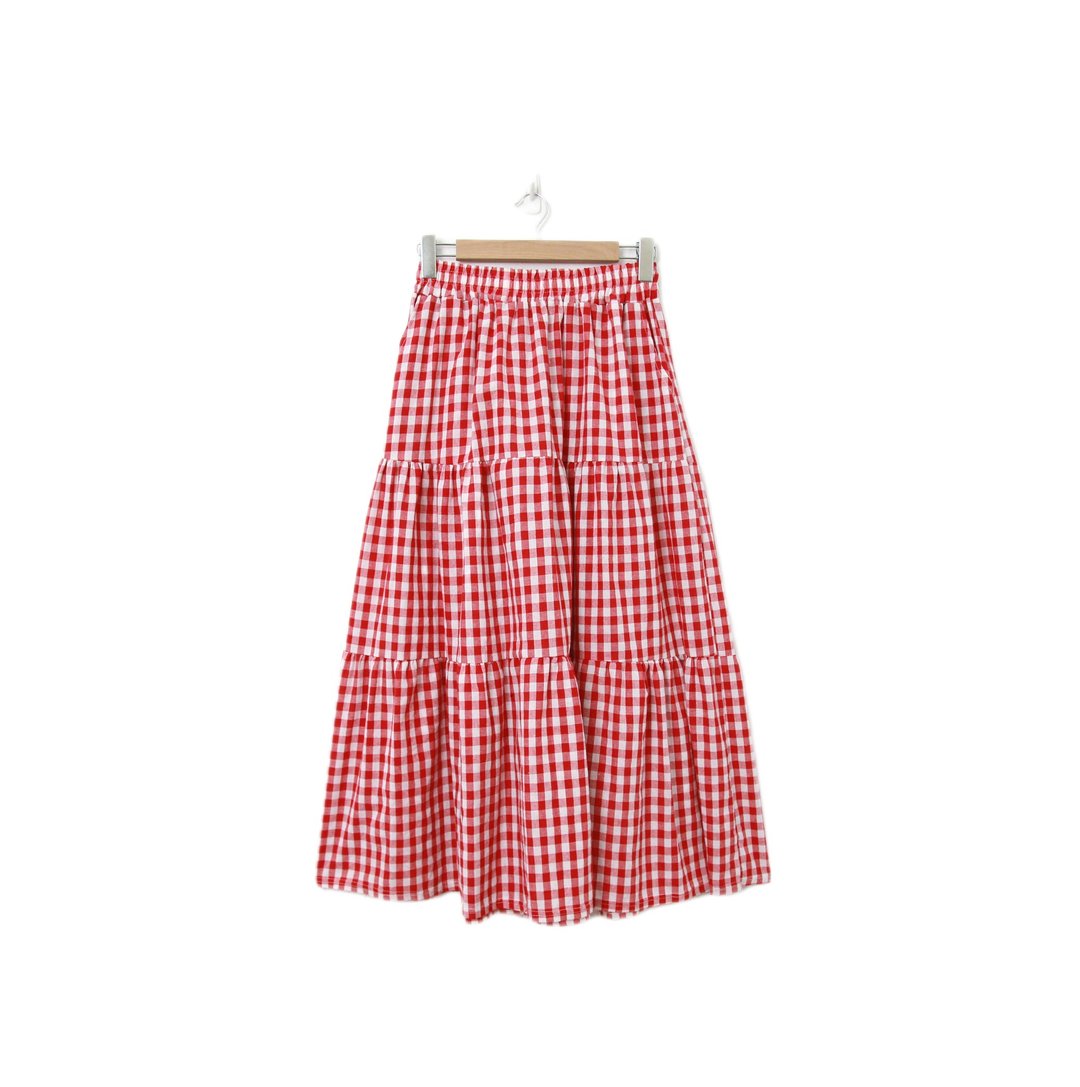 Back to Green-复古长裙  经典红白格纹 M-28//vintage skirt - 裙子 - 棉 