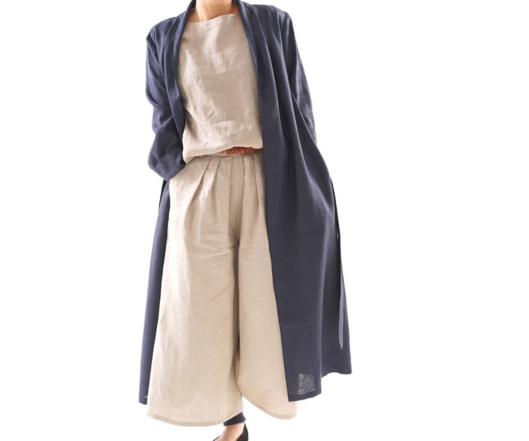 linen / linen coat / long coat / long length / long sleeve / outerwear / b14-16 - 女装休闲/机能外套 - 棉 蓝色