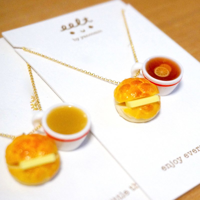香港茶餐厅系列.小确幸.菠萝油配红圈杯热饮颈链.(接单订制) - 项链 - 树脂 咖啡色