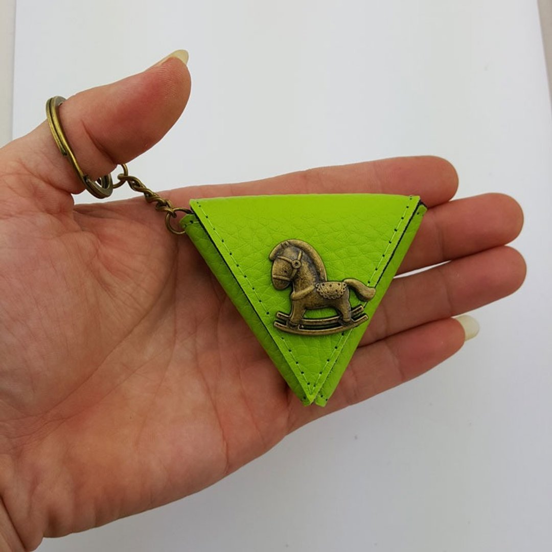 小木马三角形零钱包袋,吉他pick袋 钥匙扣 包挂饰 小礼物 可印名字 - 零钱包 - 真皮 绿色