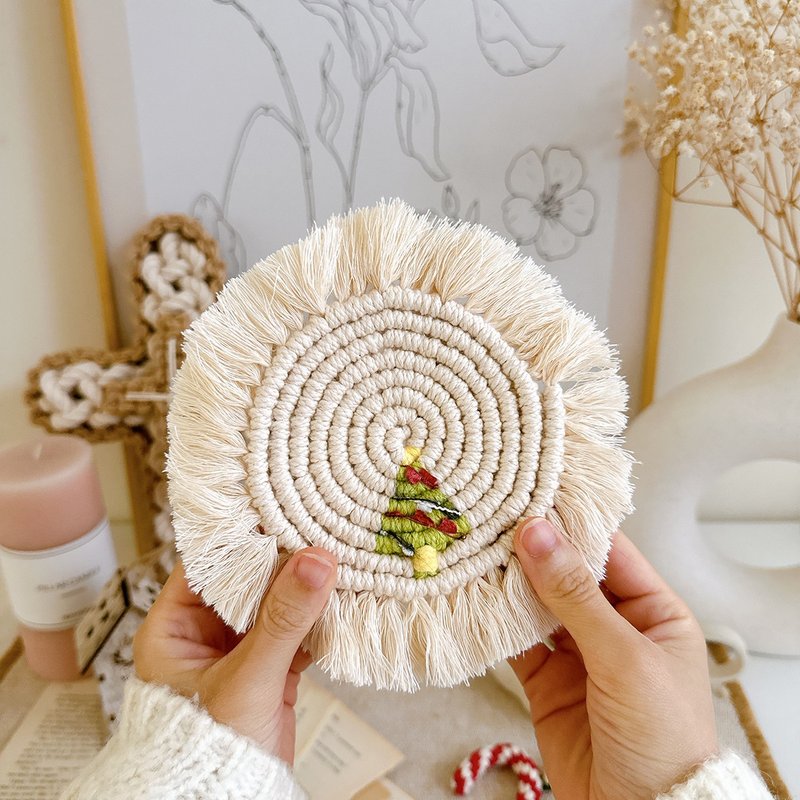 编织圣诞树杯垫_节日特别款 可做2个 - 编织/羊毛毡/布艺 - 棉．麻 