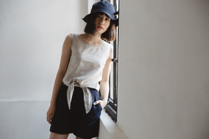 系带绑带收腰无袖衬衫-自然色 - 女装背心 - 棉．麻 黄色