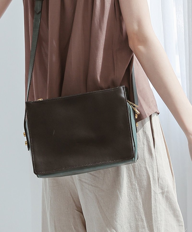 双层夹心真皮斜肩背包侧背包 黑绿 - 侧背包/斜挎包 - 真皮 绿色