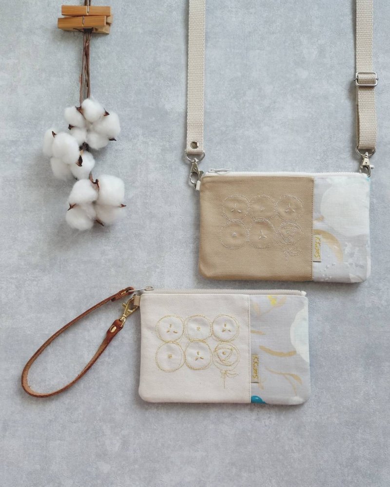 【F320/手拎包】手感亮葱刺绣 圆圈玫瑰 日本酒袋布 亚麻水彩花 - 皮夹/钱包 - 棉．麻 卡其色