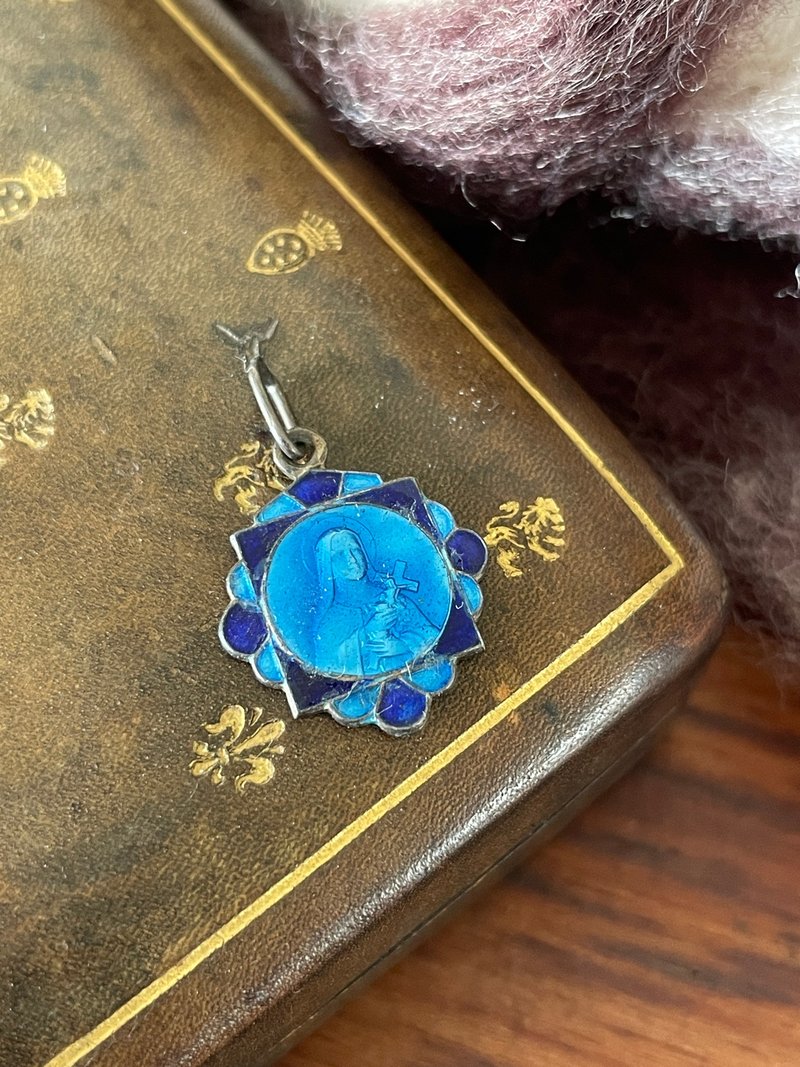 古董银色双面圣母蓝色珐琅耶稣教宗信仰十字架坠子 ch74 - 项链 - 其他金属 银色