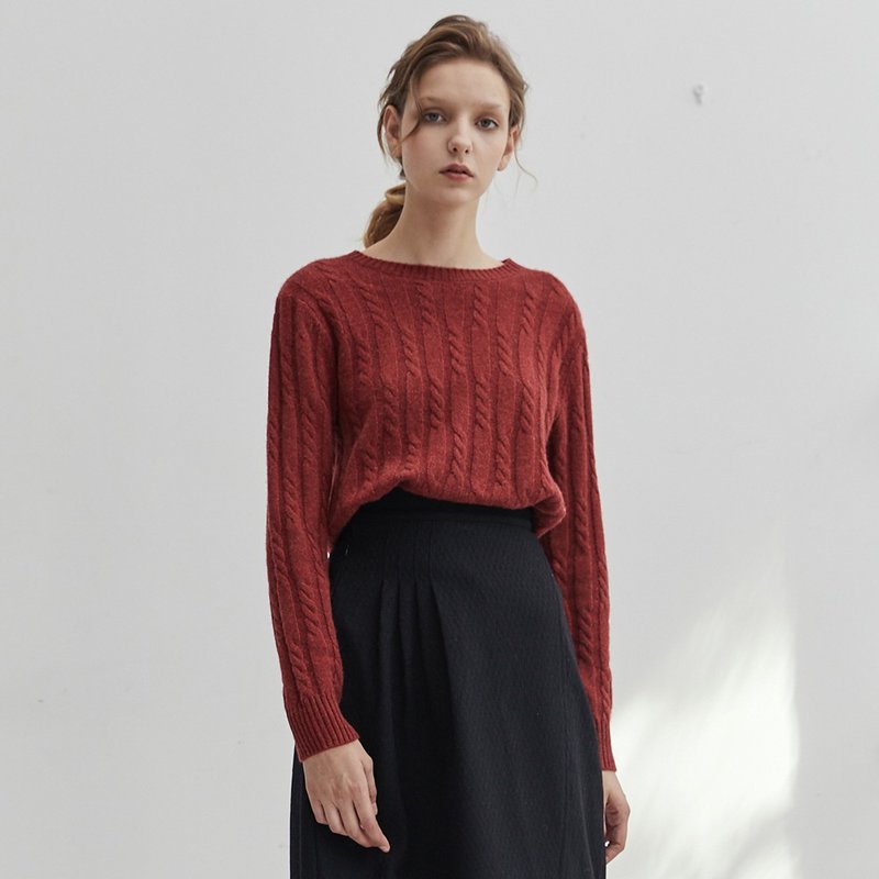 红色 4色澳洲羊绒羊毛丝光圆领羊毛 复古绞花贴身穿着内搭针织衫 - 女装针织衫/毛衣 - 羊毛 红色