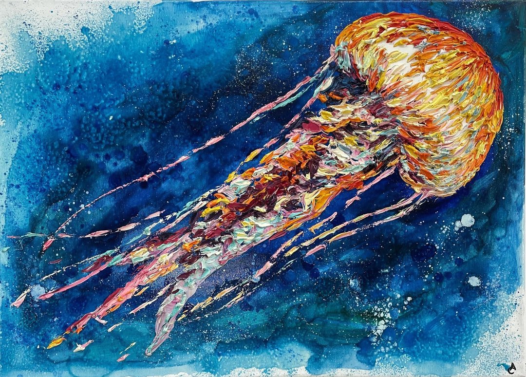 原创水母画在画布上抽象化海洋生物画 - 墙贴/壁贴 - 压克力 多色