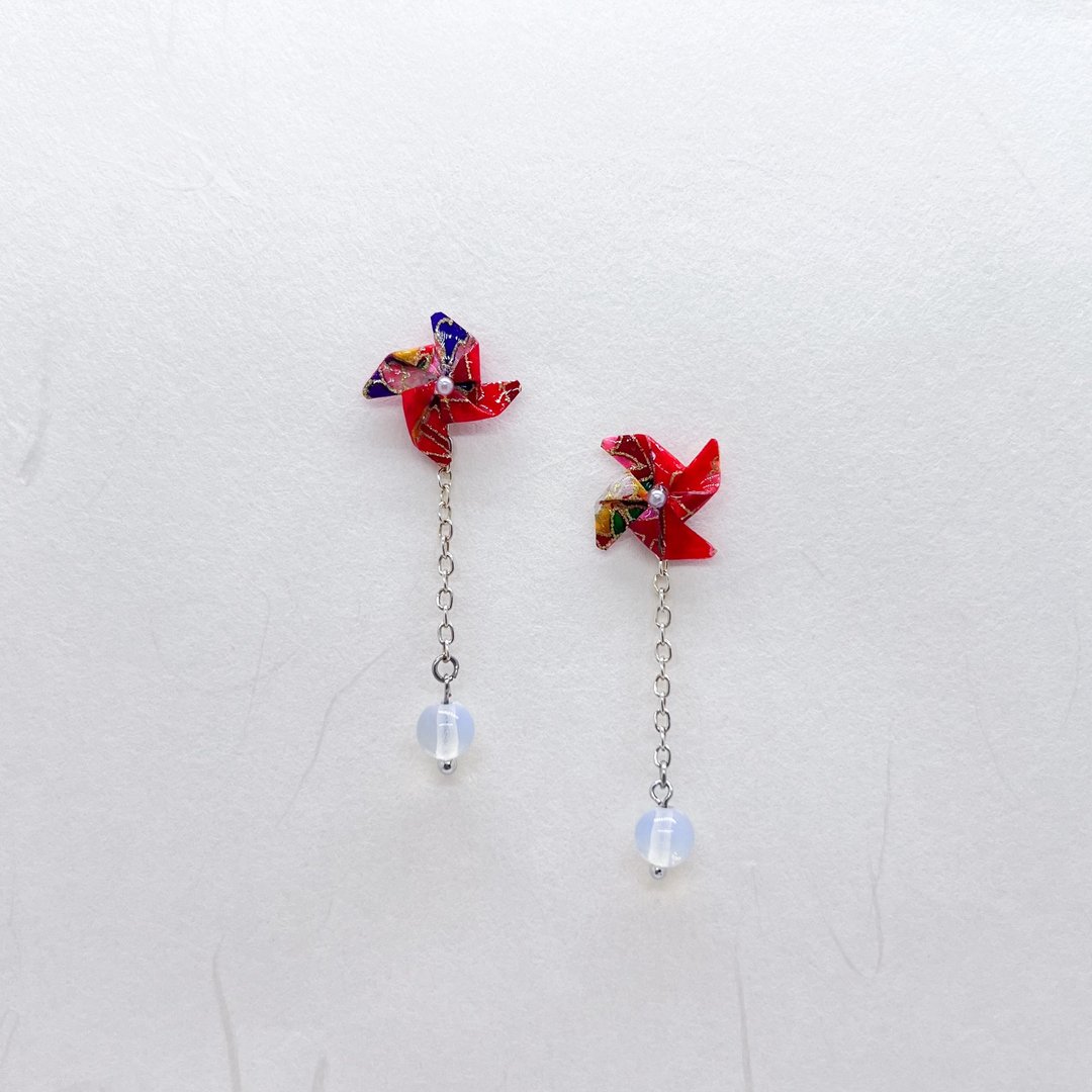 Chearrings | 日本和纸 手工折纸 风车耳环 | 款式W003 | 两戴 - 耳环/耳夹 - 纸 红色