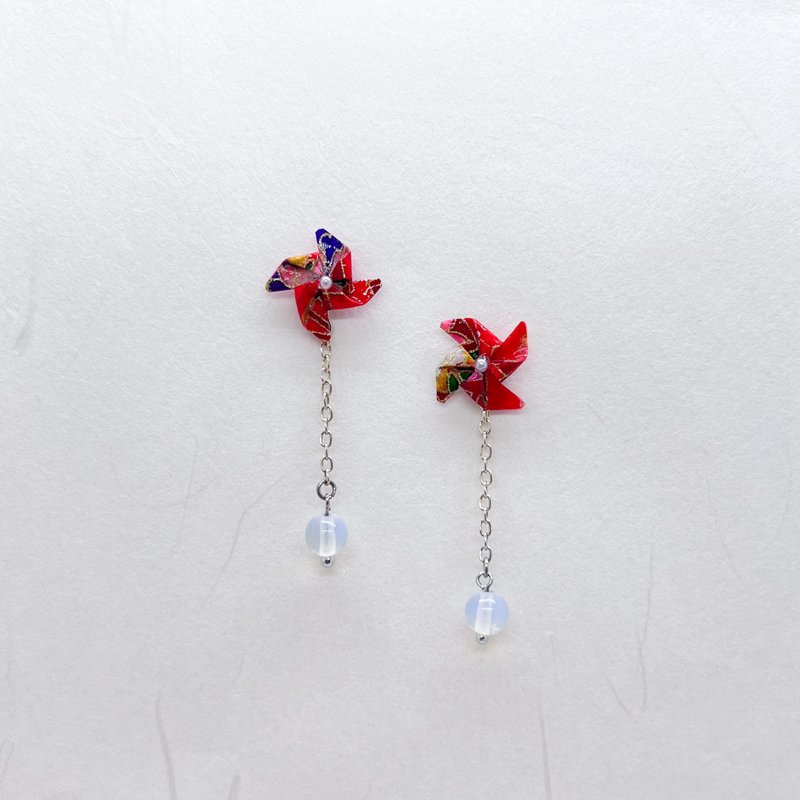 Chearrings | 日本和纸 手工折纸 风车耳环 | 款式W003 | 两戴 - 耳环/耳夹 - 纸 红色