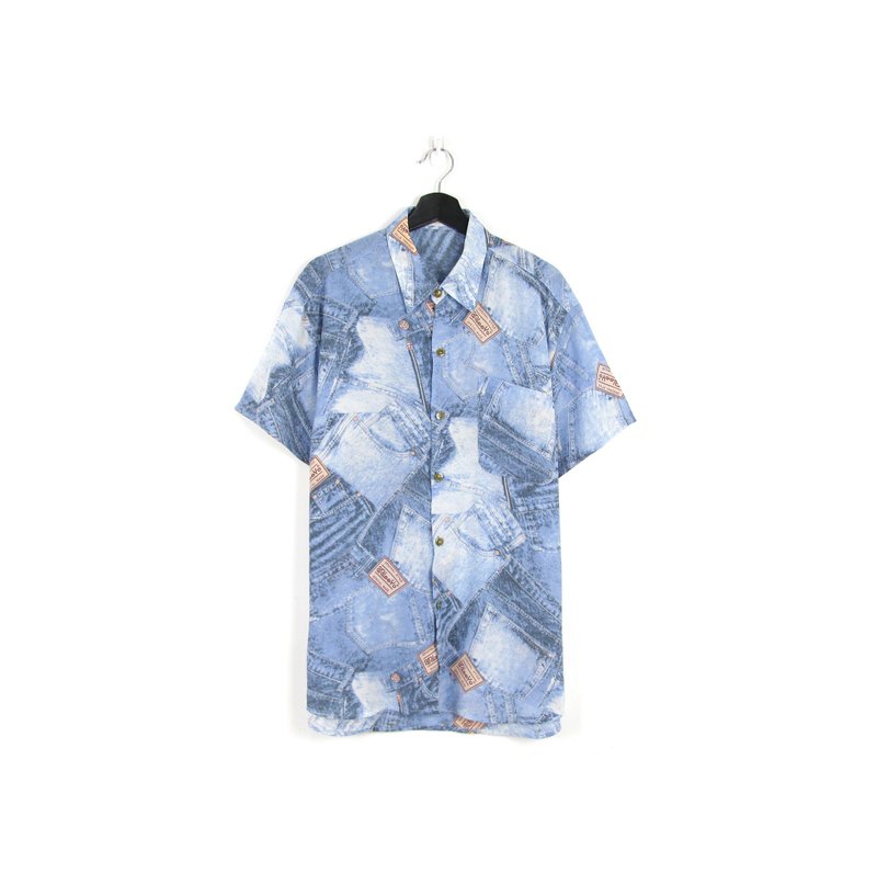 Back to Green- 短袖花衬衫 丹宁图样 /vintage shirts - 男装衬衫 - 聚酯纤维 