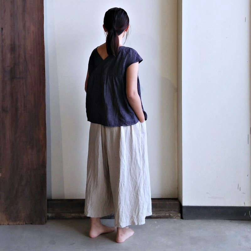 前后交叉小包袖上衣  细褶款  亚麻 灰紫 - 女装上衣 - 棉 紫色