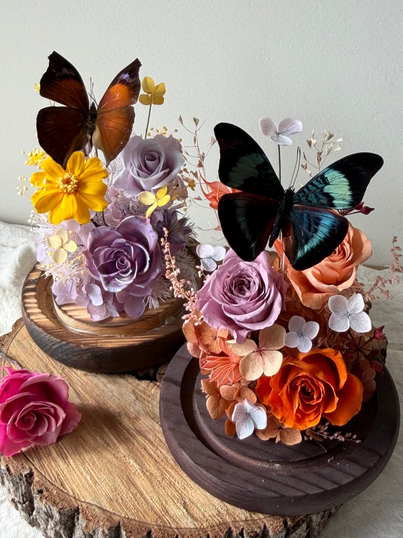 秋色永生玫瑰 蝴蝶玻璃盅 -荣退礼/情人节/订婚/纪念/入厝/生日 - 干燥花/捧花 - 植物．花 紫色