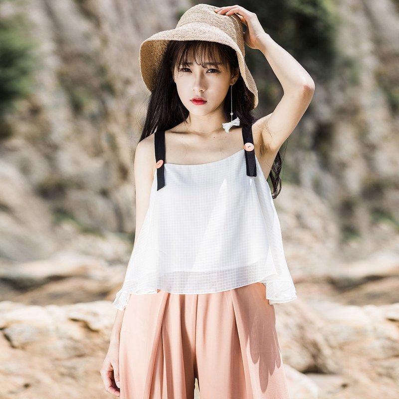 安妮陈2017夏装新品女士黑色肩带上衣 - 女装上衣 - 聚酯纤维 白色