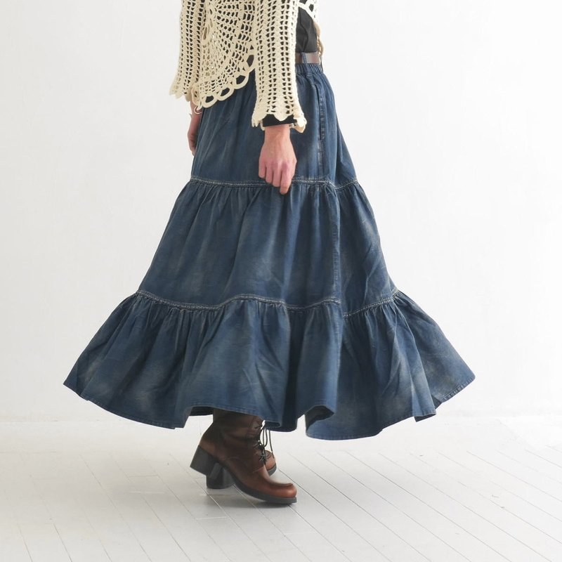 蓬松蛋糕裙・柔软牛仔・宽松轮廓・水洗靛蓝・长度两种选择・ d-sk3003 - 裙子 - 棉．麻 
