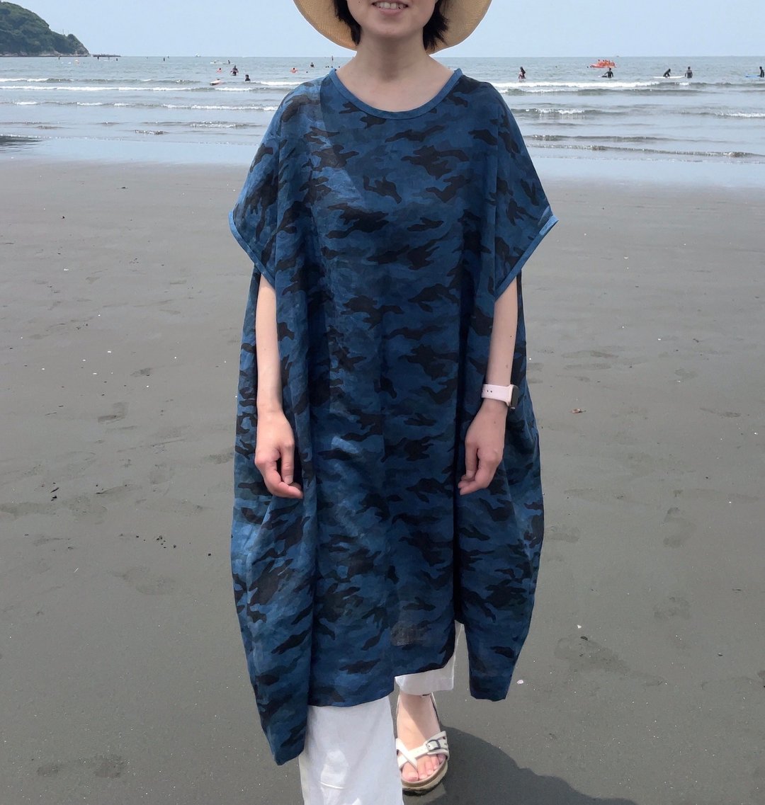 Aizome Japanblue Camouflage dress linen Elegant camouflage indigo dyed linen dress - 洋装/连衣裙 - 棉 蓝色