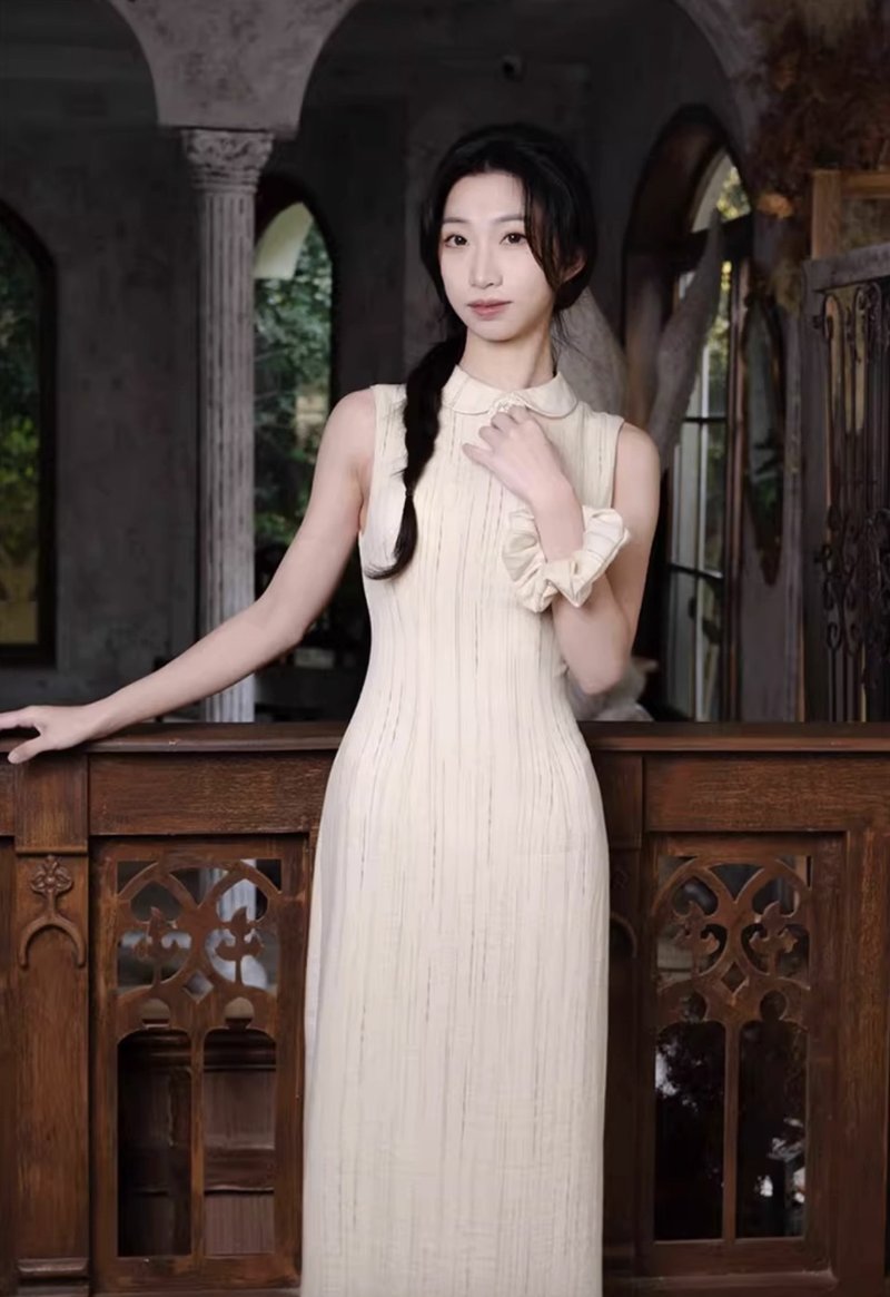 雨丝 水墨竖条纹改良长旗袍连身裙 手工製 - 洋装/连衣裙 - 其他材质 黄色