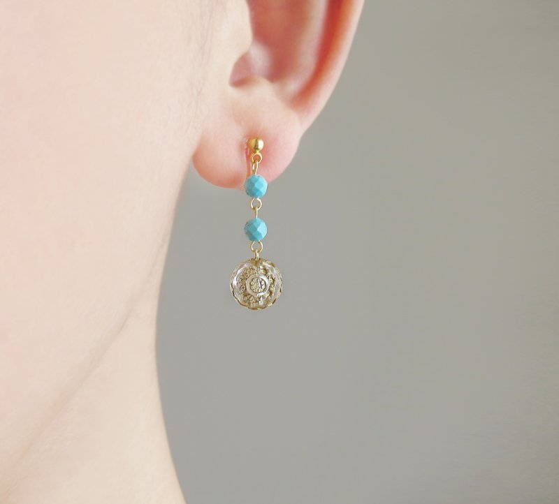 仿古风格耳夹，菱镁绿松石和德国珠，耳针 - 耳环/耳夹 - 石头 蓝色