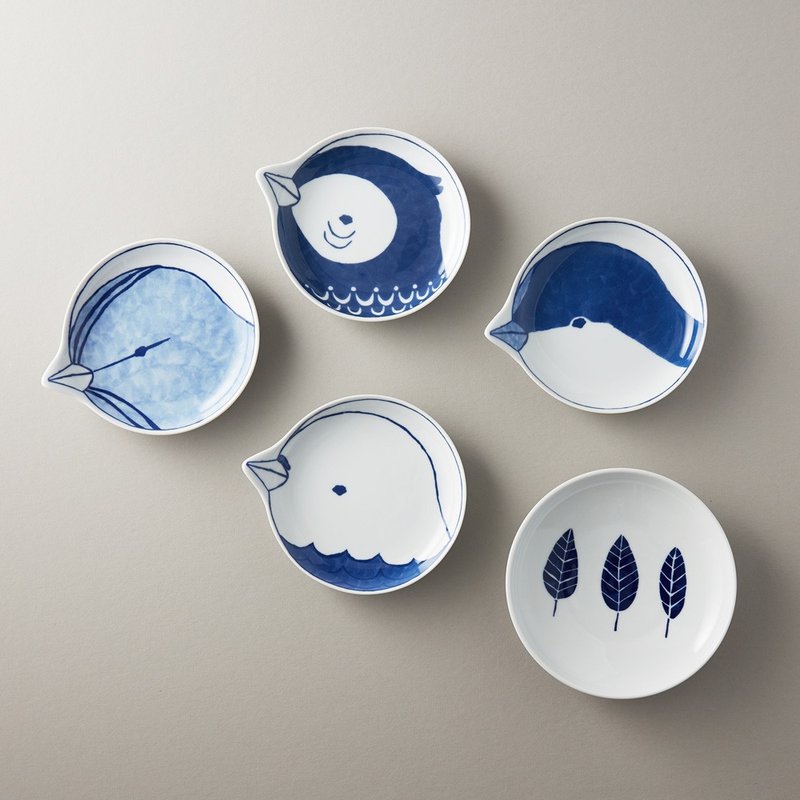 石丸波佐见烧 - tori 小鸟餐碟礼盒(5件组) - 浅碟/小碟子 - 瓷 白色