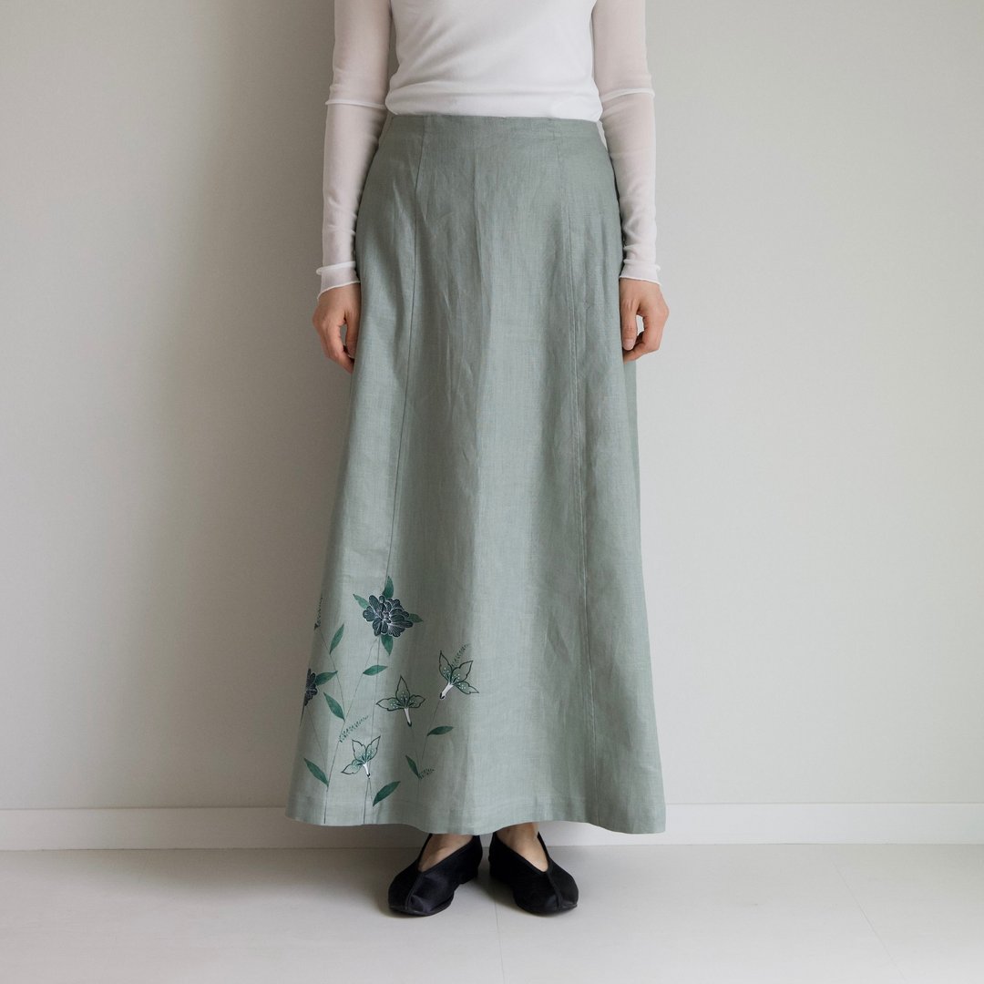 Hand-painted] Chintz / Adjustable waist / Gathered skirt at the back - 裙子 - 棉 绿色