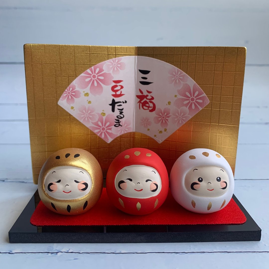三福豆人形-达摩-金红白-日本吉祥物 - 摆饰 - 陶 