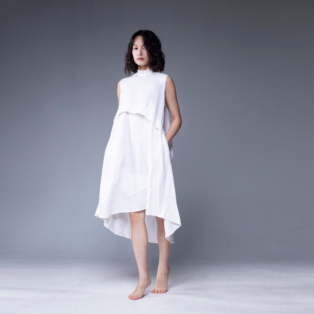 Aman No.4 仙女洋1号 无袖 白色 纯亚麻 - 洋装/连衣裙 - 棉 