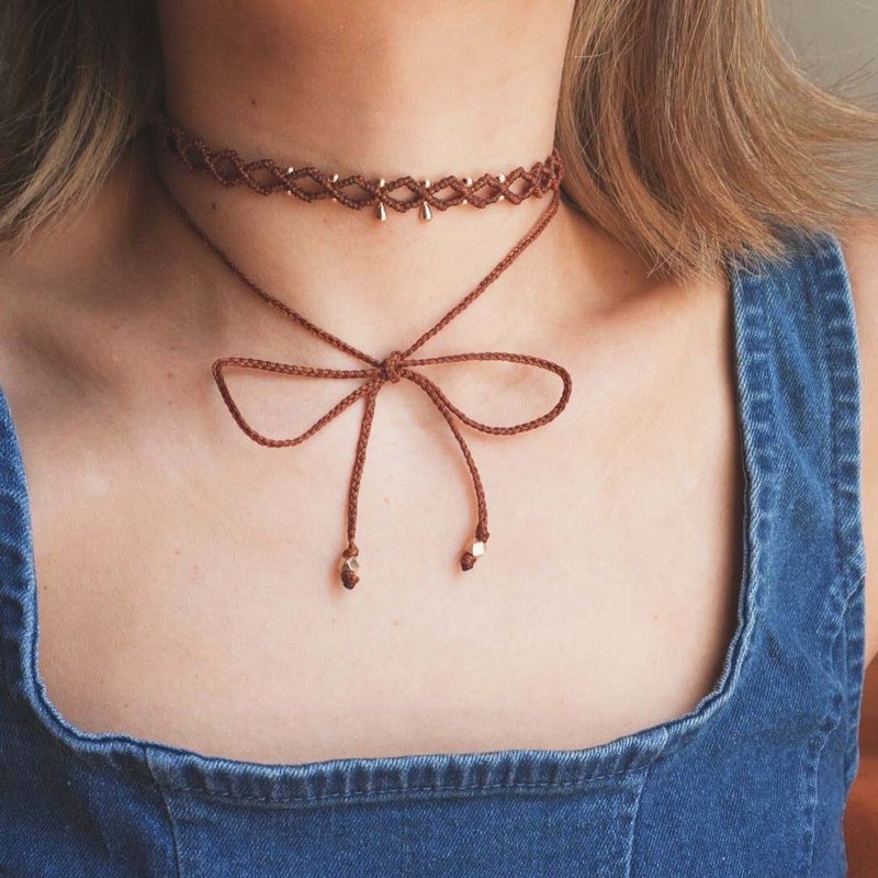Lace Choker | 编织蕾丝颈绳 | 菱格款 | 啡色 - 项链 - 蜡 咖啡色