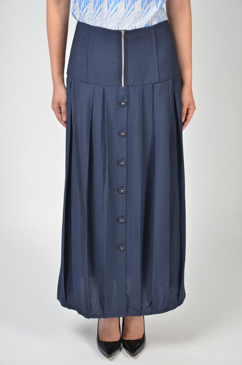 九分前排扣抓褶长裙 - 裙子 - 其他材质 绿色