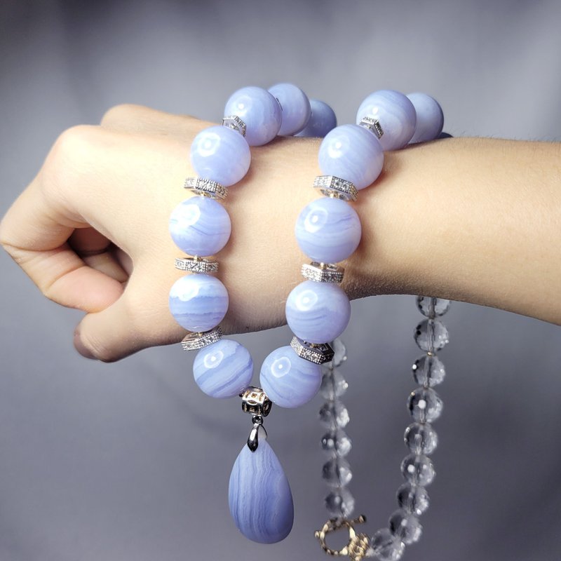 顶级蓝纹玛瑙 白水晶 水晶之王 保护之石 大宝石项链 单品 礼物 - 项链 - 宝石 蓝色