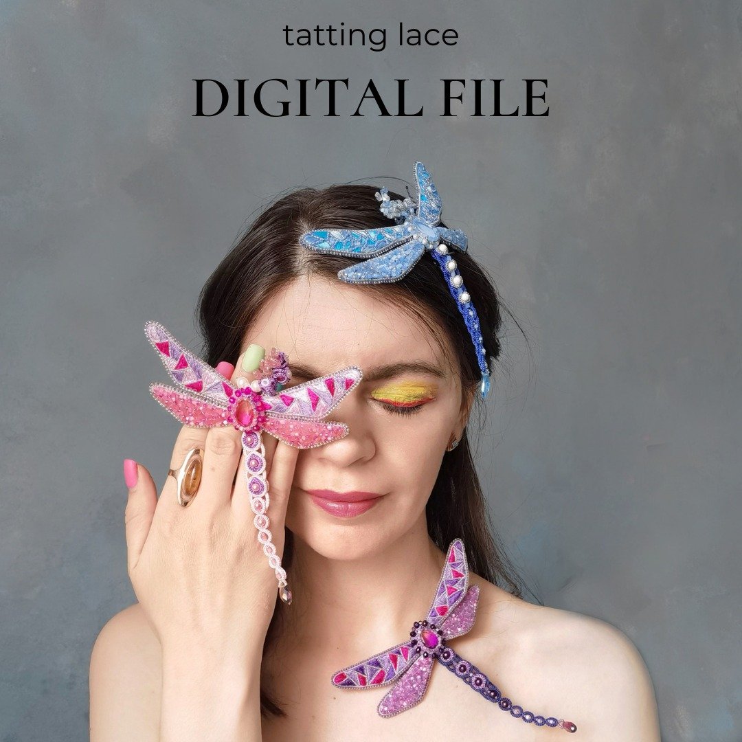 DIGITAL file tatting lace brooch Dragonfly and earrings Tutorial tatting pattern - 编织/刺绣/羊毛毡/裁缝 - 其他金属 多色