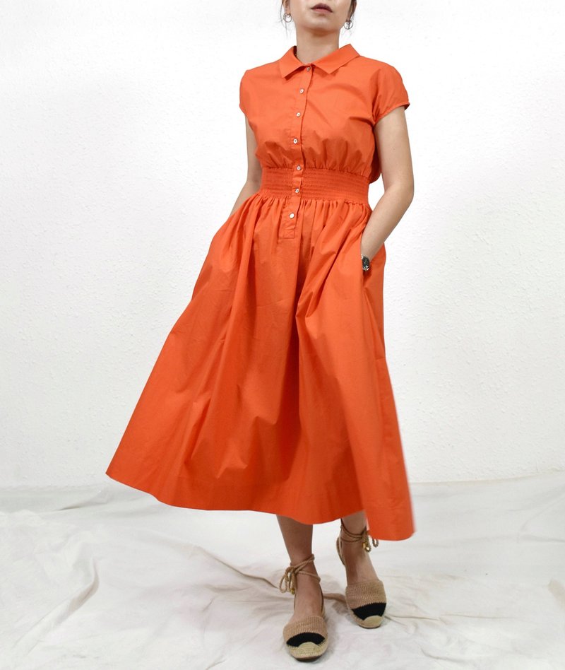 Camila Dress- Spice Orange 衬衫小短袖伞摆修腰洋装 - 洋装/连衣裙 - 棉．麻 